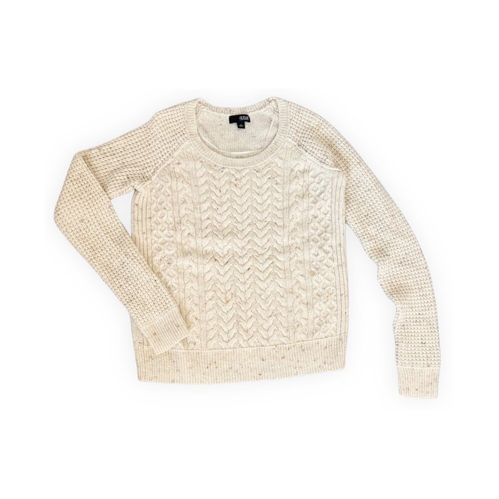a.n.a Cable Knit Crew Neck Pullover Sweater Cream Speckled Wool Blend M